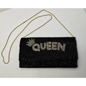 Queen Crown Crossbody Clutch Bag Beaded Purse Black Gold Chain Pageant RARE